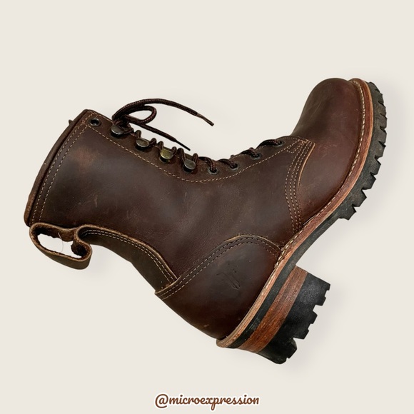 Frye Logger 8G Brown Leather Distressed Lace Up Lug Sole Work/Hiking Moto Boot - Picture 15 of 16